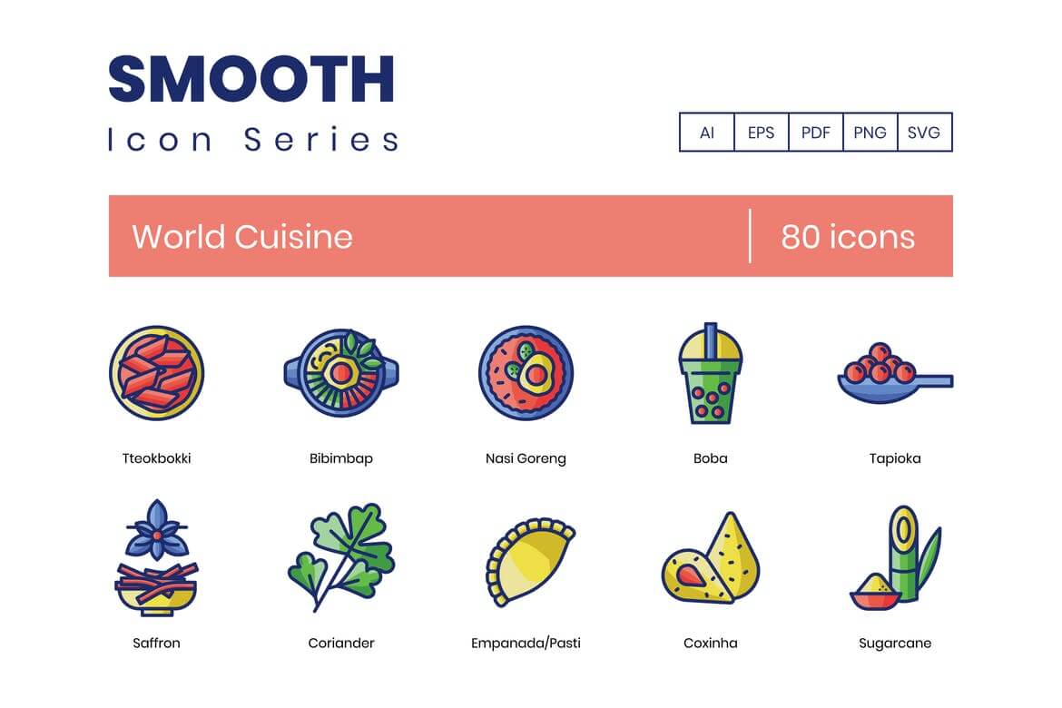 80 世界美食图标-平滑系列