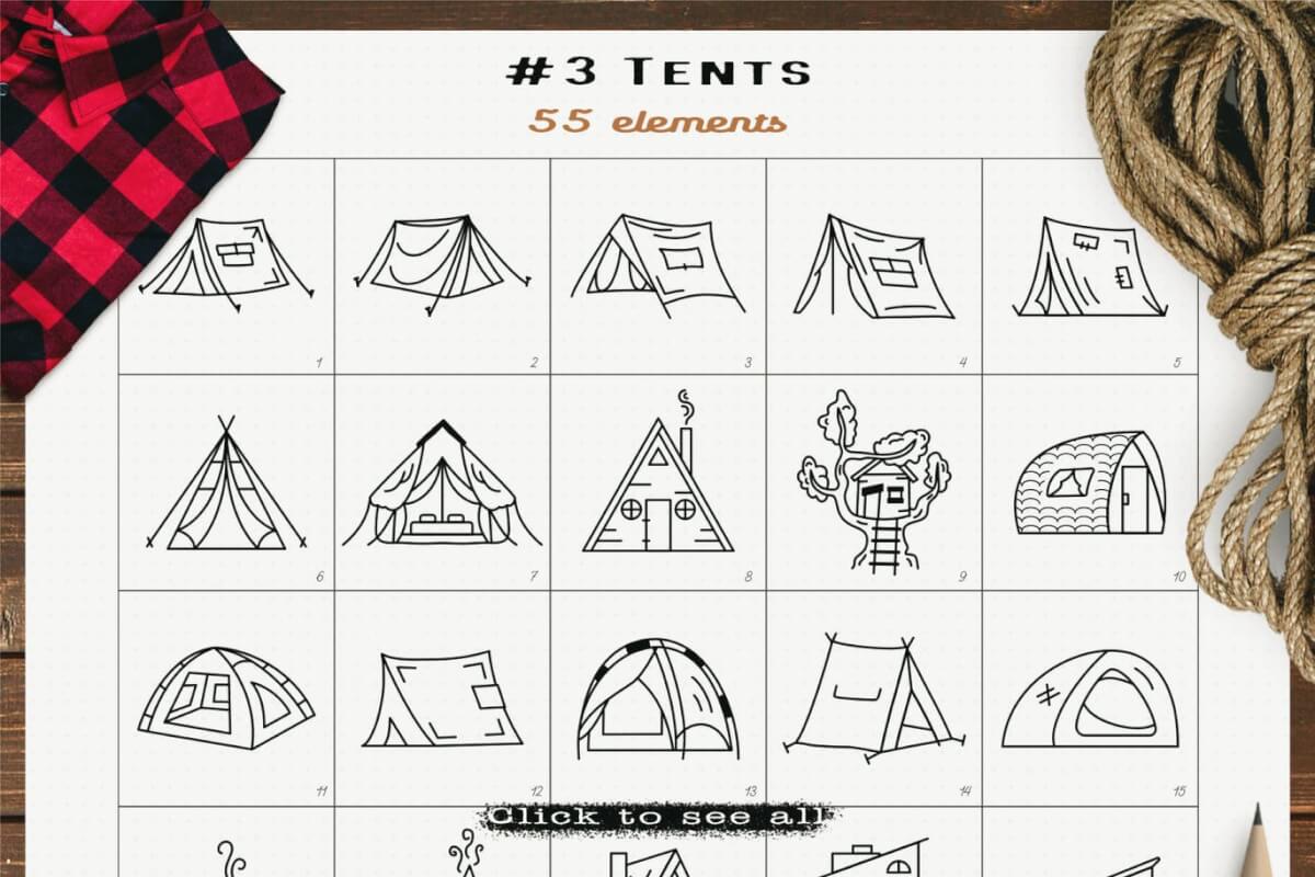 野营帐篷图标设置线艺术图形符号