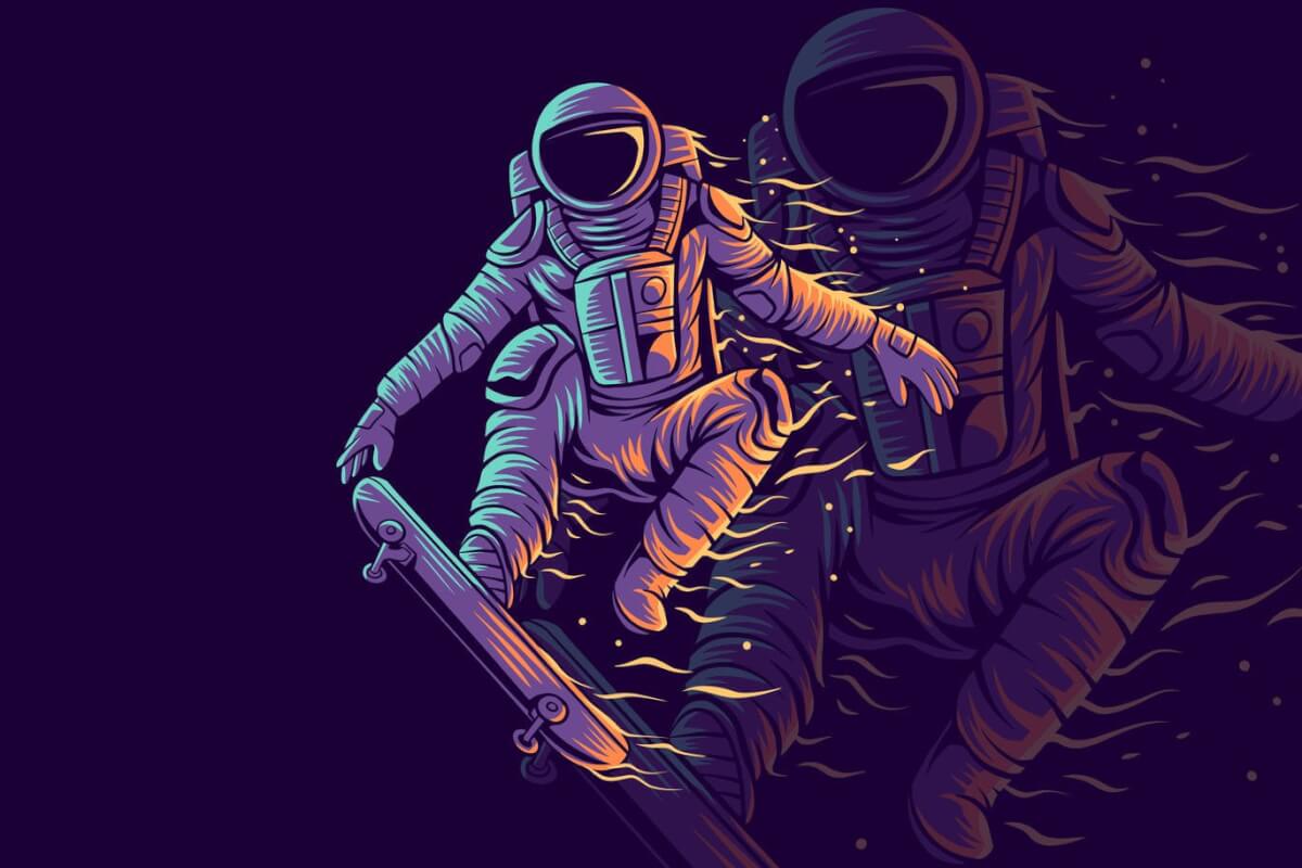 宇航员在太空中用火滑板插画
