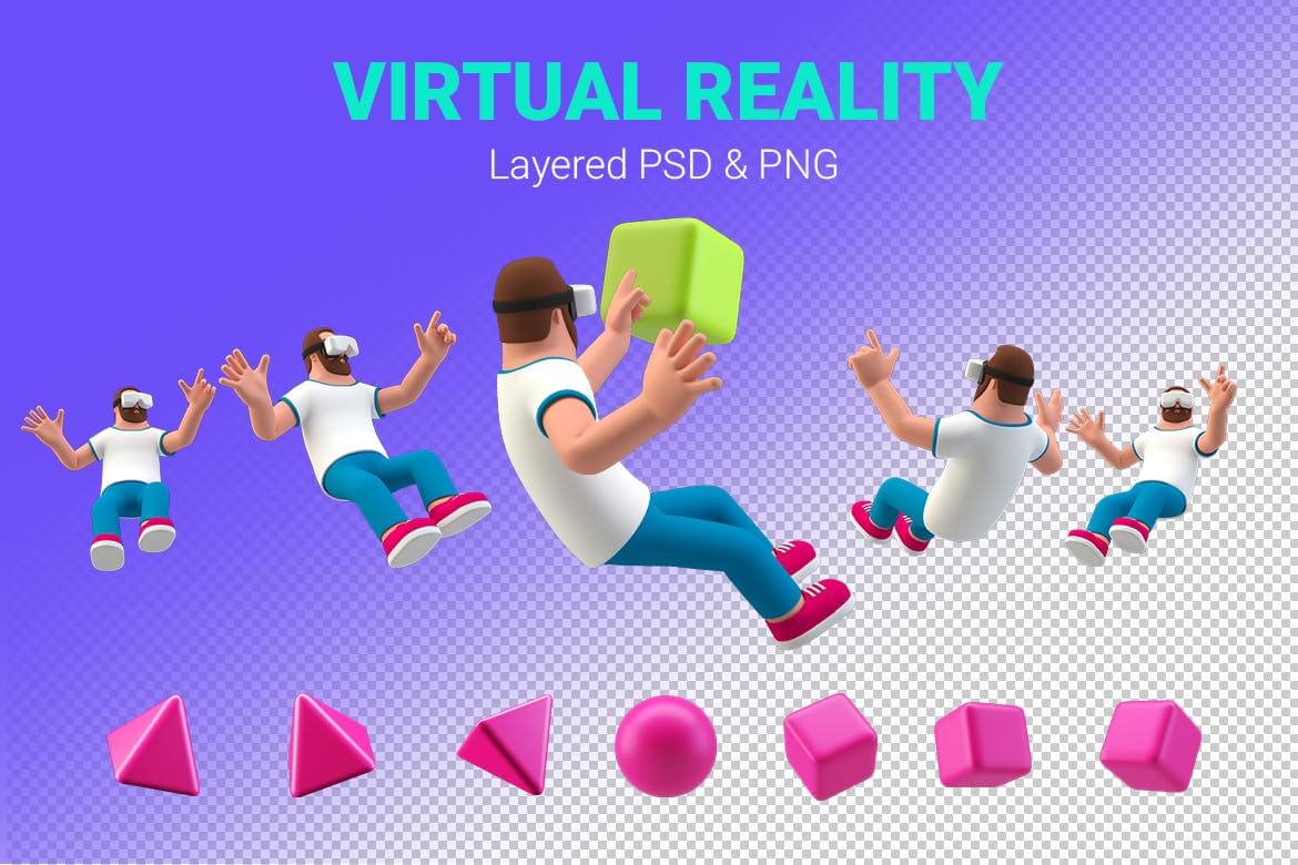 虚拟现实 3D 插图人在 VR 眼镜
