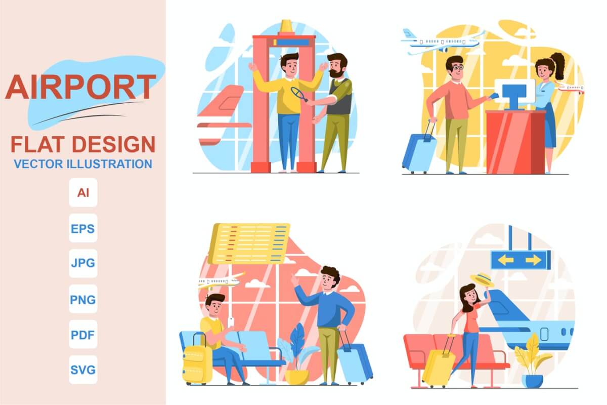 机场平面插画设计概念素材