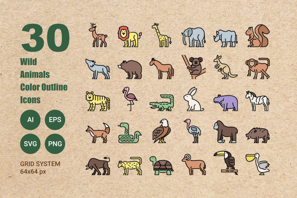 30 野生动物颜色轮廓图标
